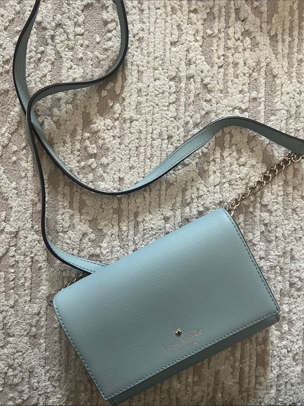 kate spade pale blue crossbody wallet with gold chain